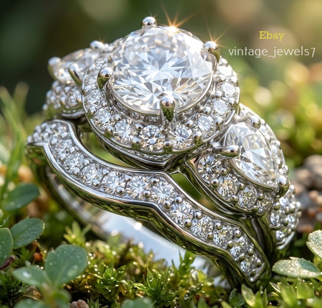 3.75CT Round Cut Lab Created Diamond Halo 3 Stone Wedding Ring Set 14K Gold Over
