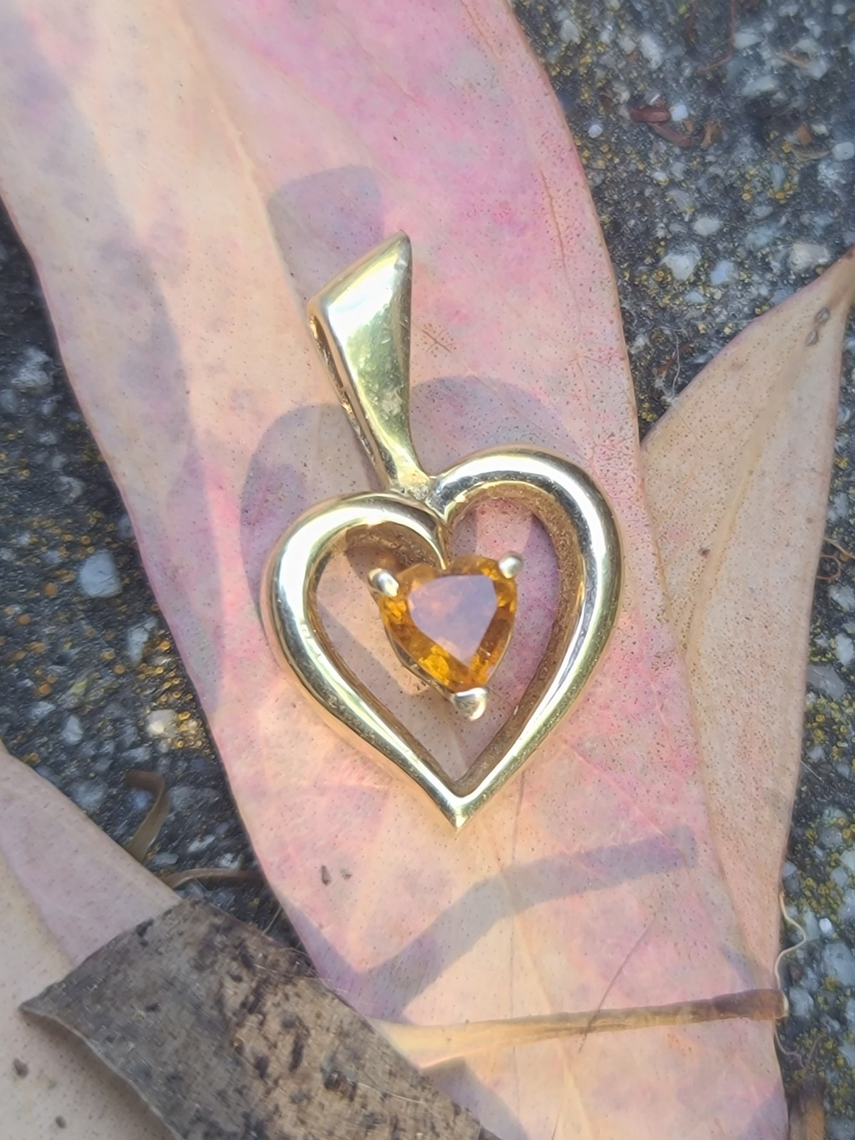 14k Solid Yellow Gold Orange Citrine Heart Charm Necklace Pendant 2grams