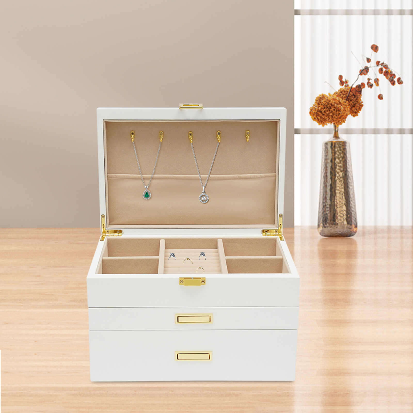 Jewelry Storage Box W/ Safe Lock 3 Layers Large Capacity Organizer with 2 Drawer