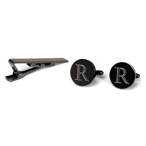 Mens Initial Cufflinks and Tie Clip A-Z Alphabet Letter Black Classic-R