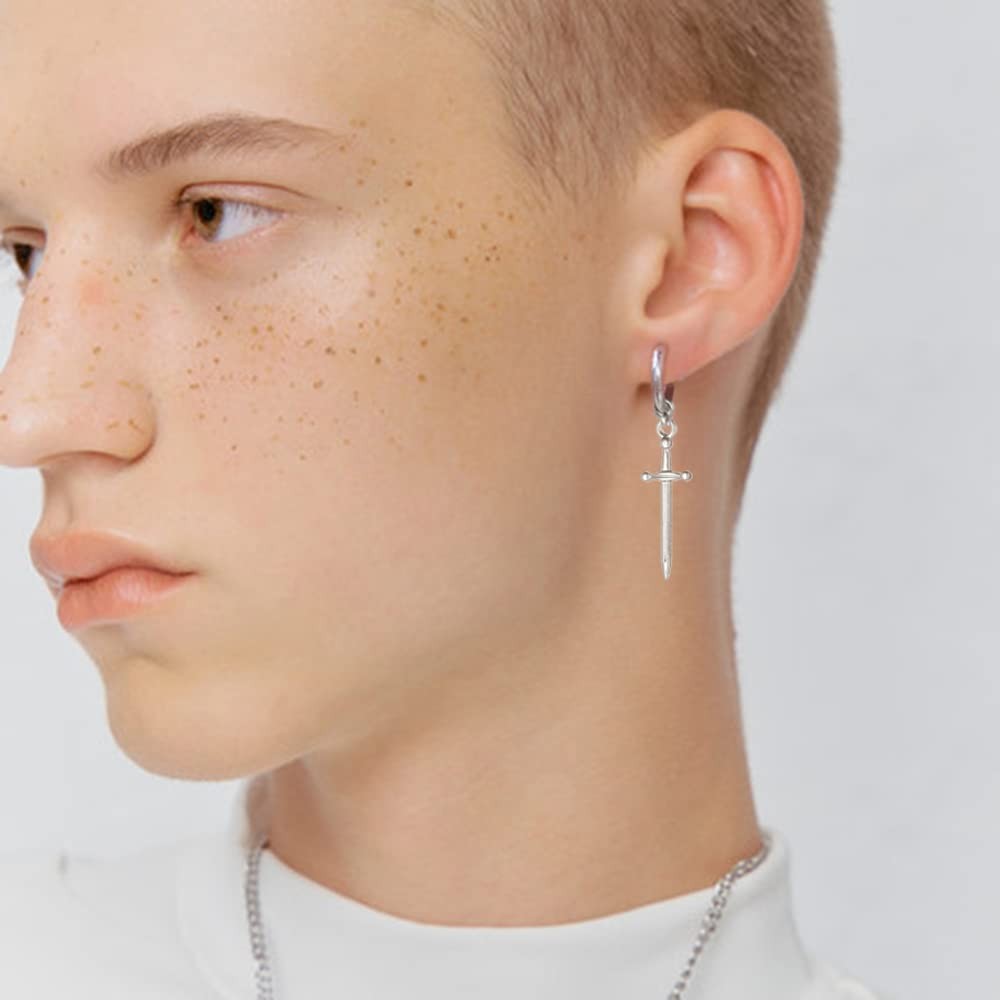 Clip on Dagger Sword Minimalist Dangle Drop Small Hoop Earrings for Men Women No