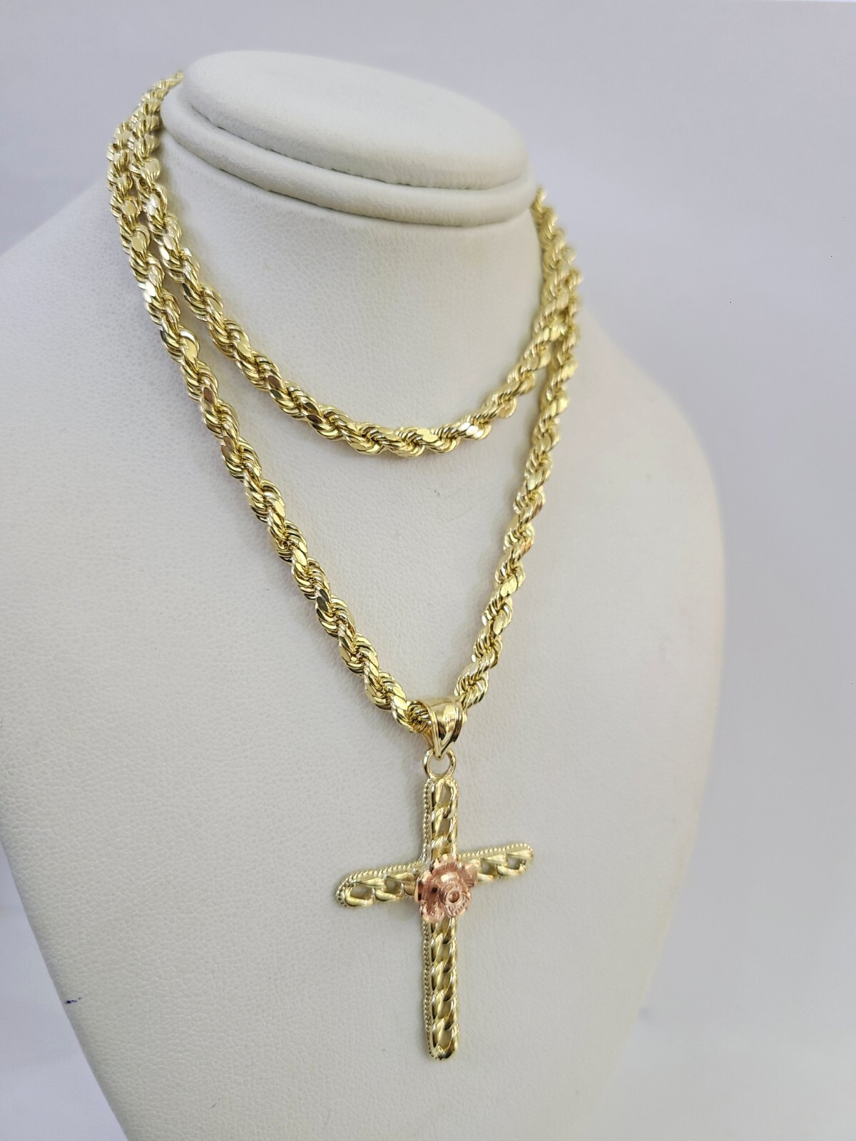 REAL 10k Jesus Rose Cross Charm Rope Chain Pendant 4mm Necklace Set 18″-28″