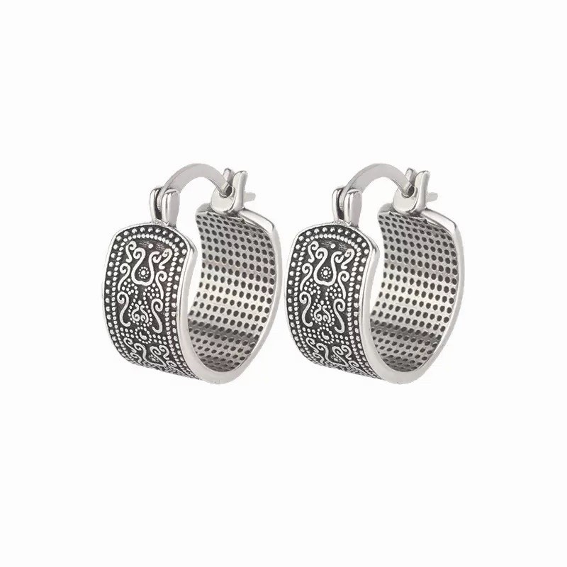 925 Silver Vintage Hoop Earrings Retro Engraved Wide Huggie Hoop Earrings A26
