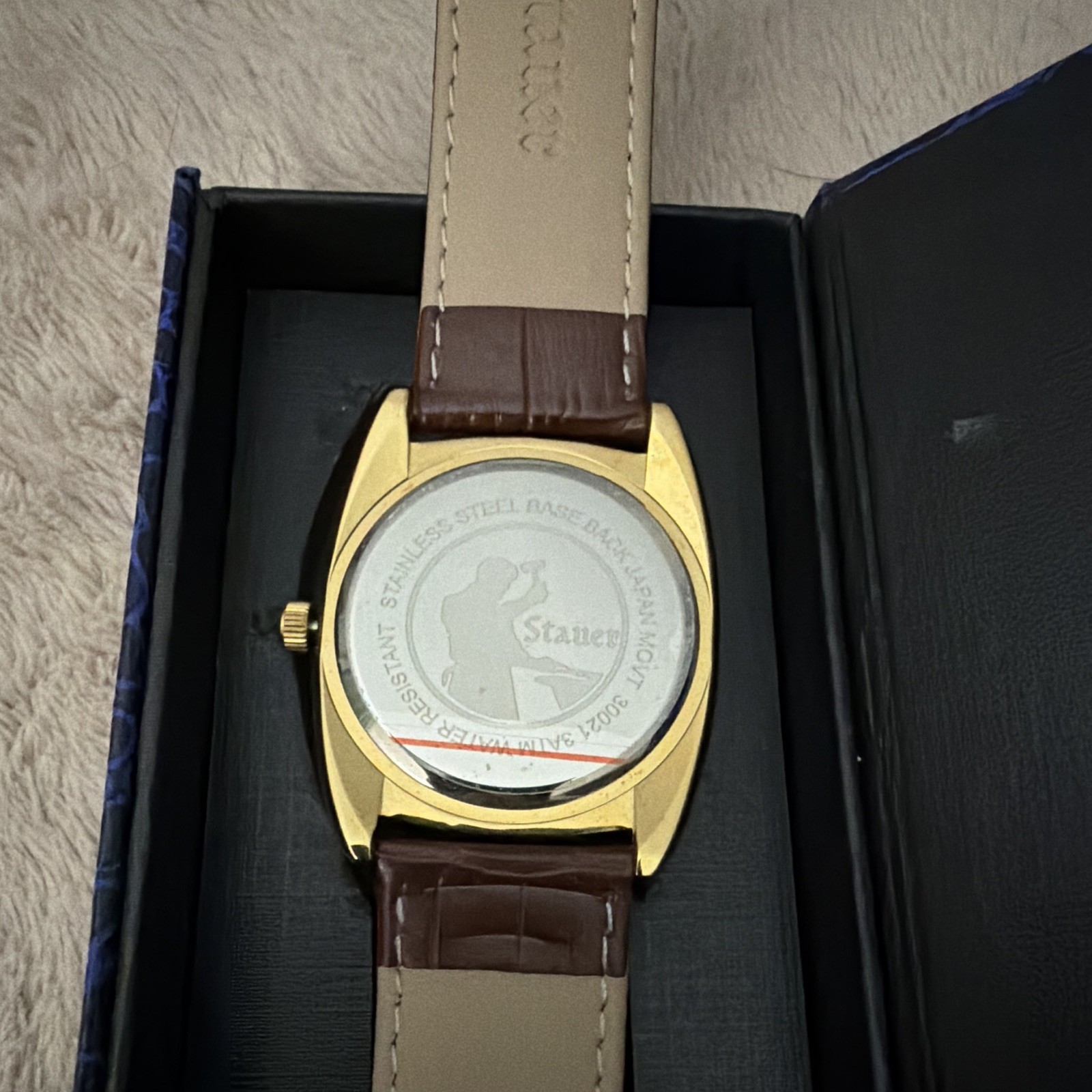 Stauer Quartz Dress Watch Date Gold Tone 34mm Brown Leather Strap Roman Box