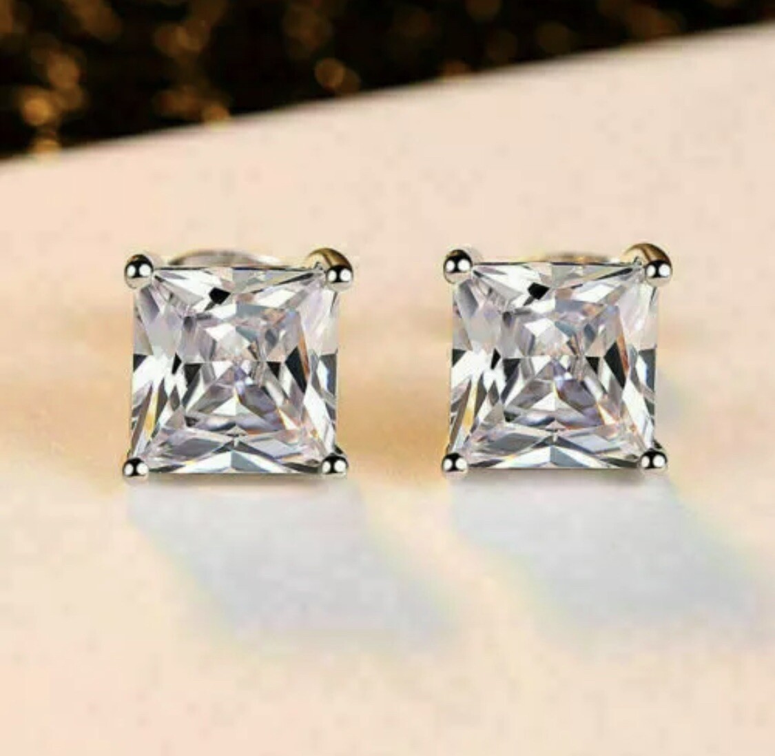 4 Ct Princess Cut FL/D Lab Created Stud Earrings 14K White Gold 7mm Push Back