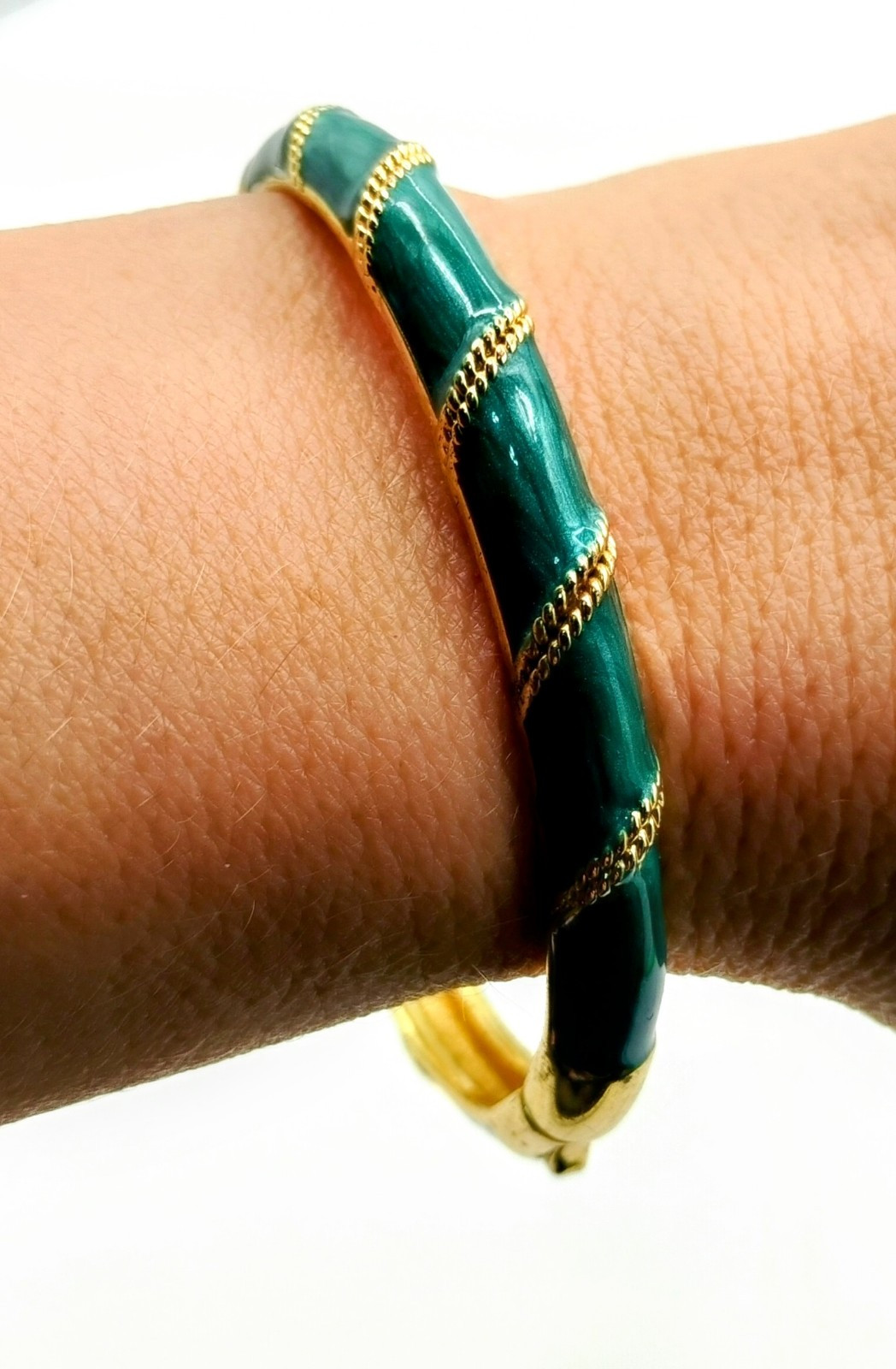 Enamel Bracelets Hinged Green with Gold & Beige W/ Black/ Silver 1970s To 1980s