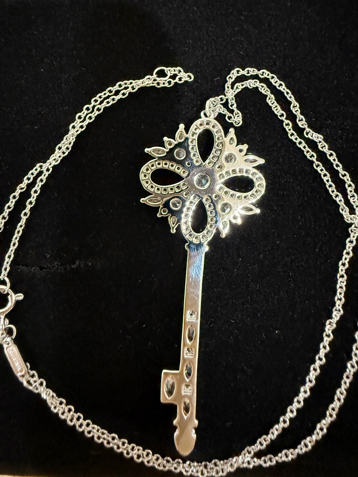 18K White Gold Plated Flower Key Pendant Necklace with Cubic Zirconia Stones