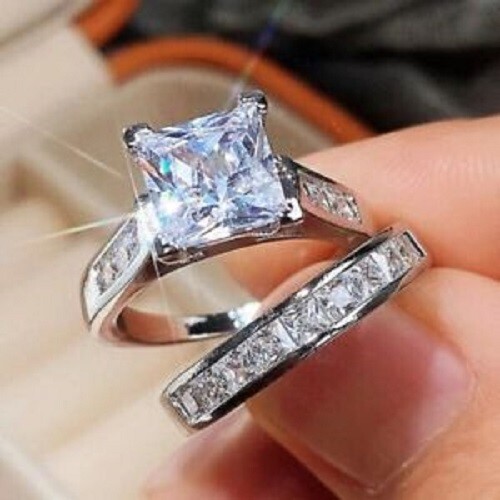 Princess Cut Lab-Created Diamond Wedding Band Bridal 925 Silver Gift Ring Set