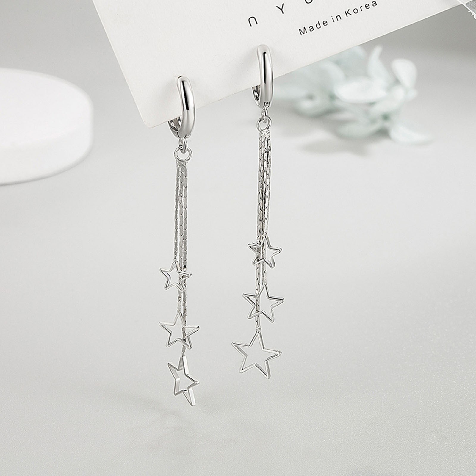 Silver Gold-Plated Star Drop Hoop Earrings Women – Long Dangle Chain Earring 920