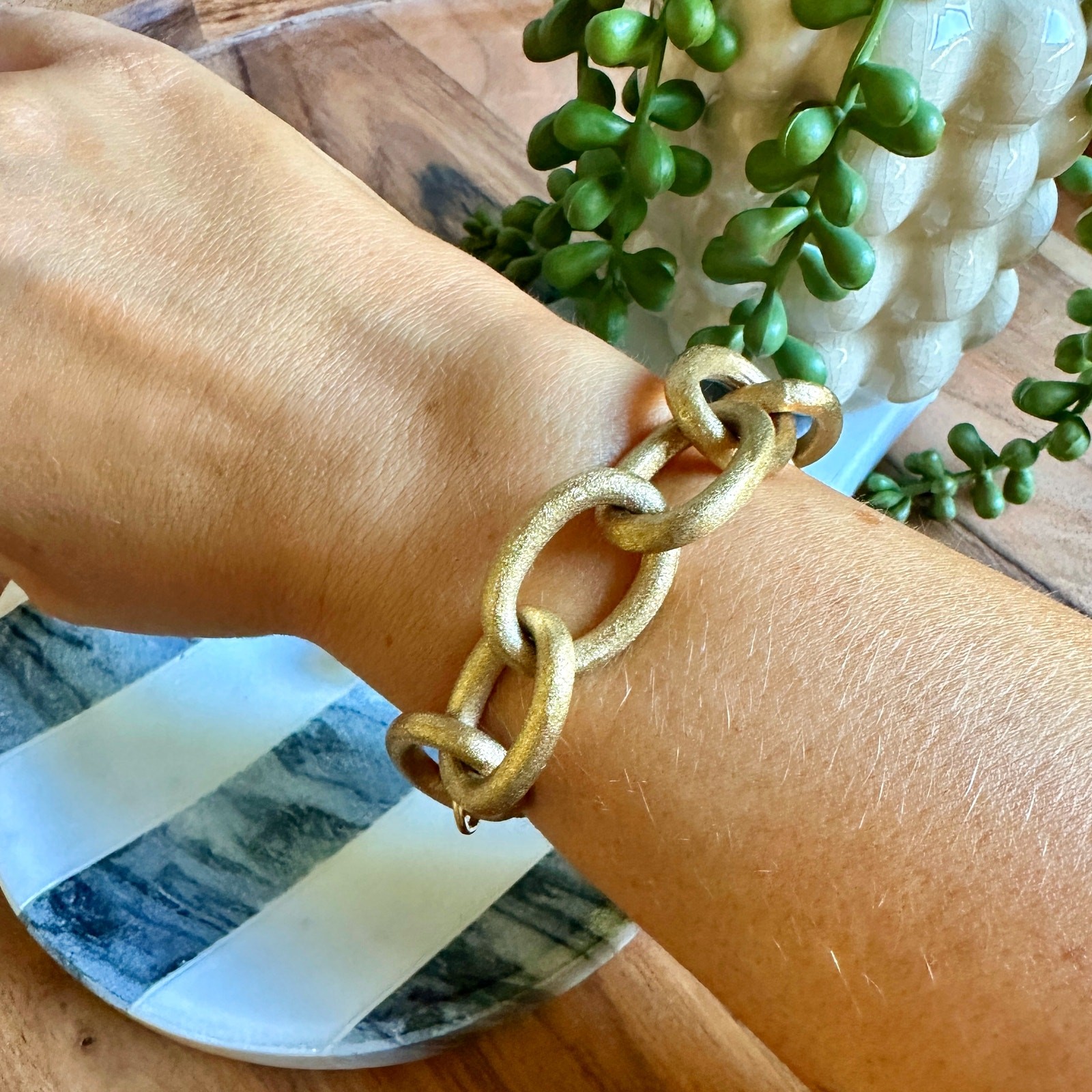 Chunky Matte Gold Tone Link Bracelet | Textured Satin Finish | Signed RL China
