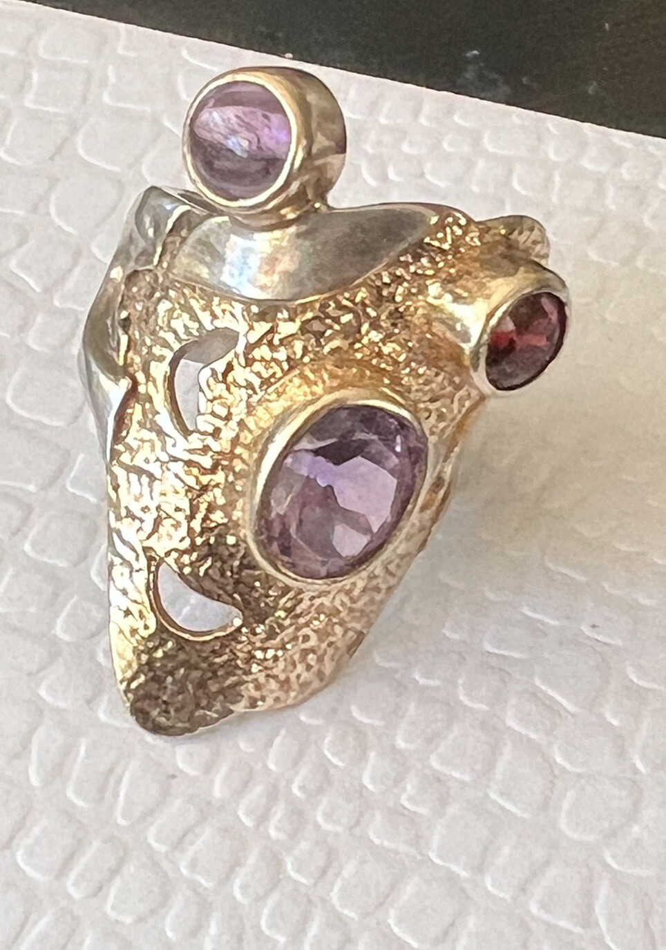 Unique Artisan Signed Yes Two Toned Sterling 925 Amethyst Garnet Wide Band Ring