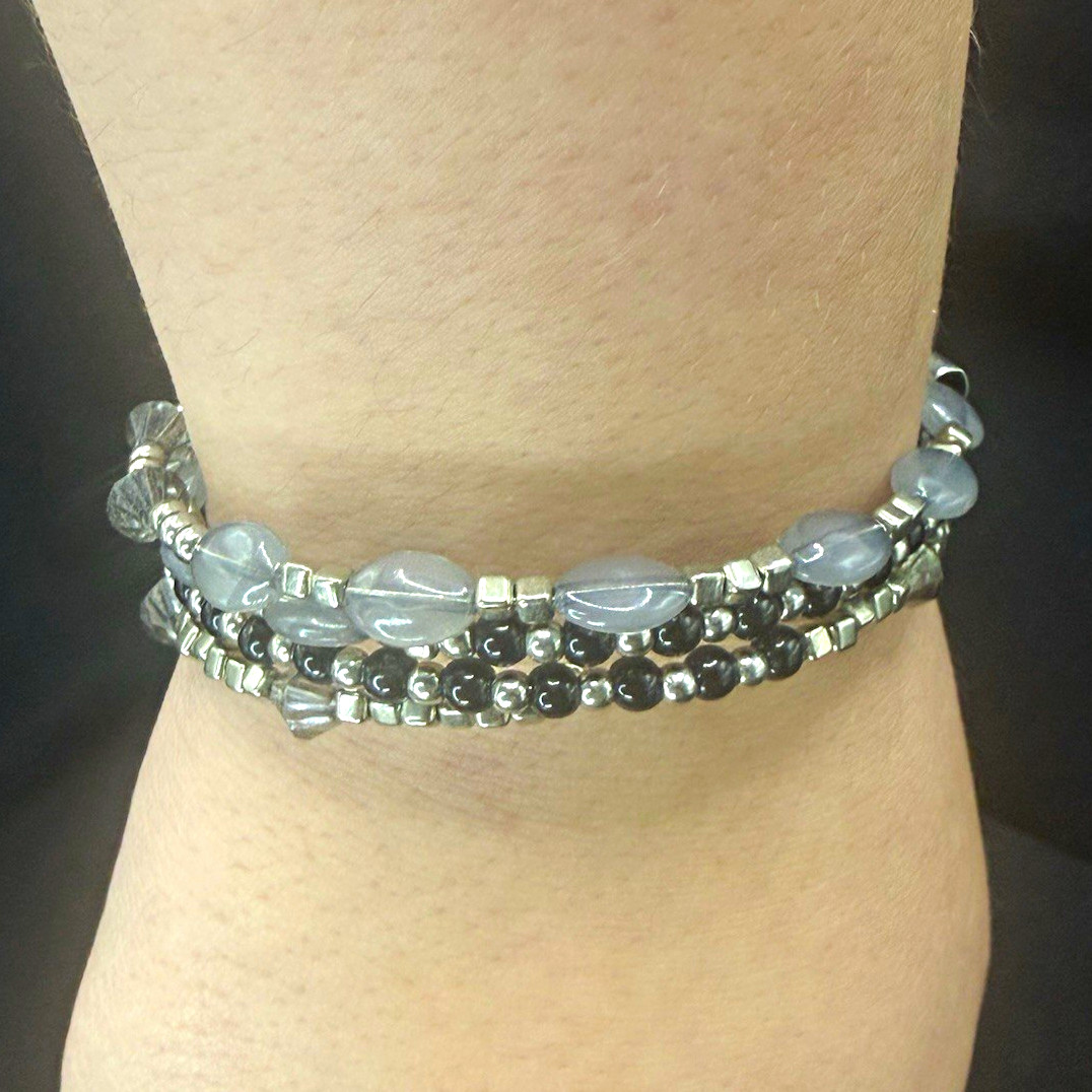 Silver Tone Stackable Wrap Bangle Bracelet, Gray Round Crystal Bead Strands