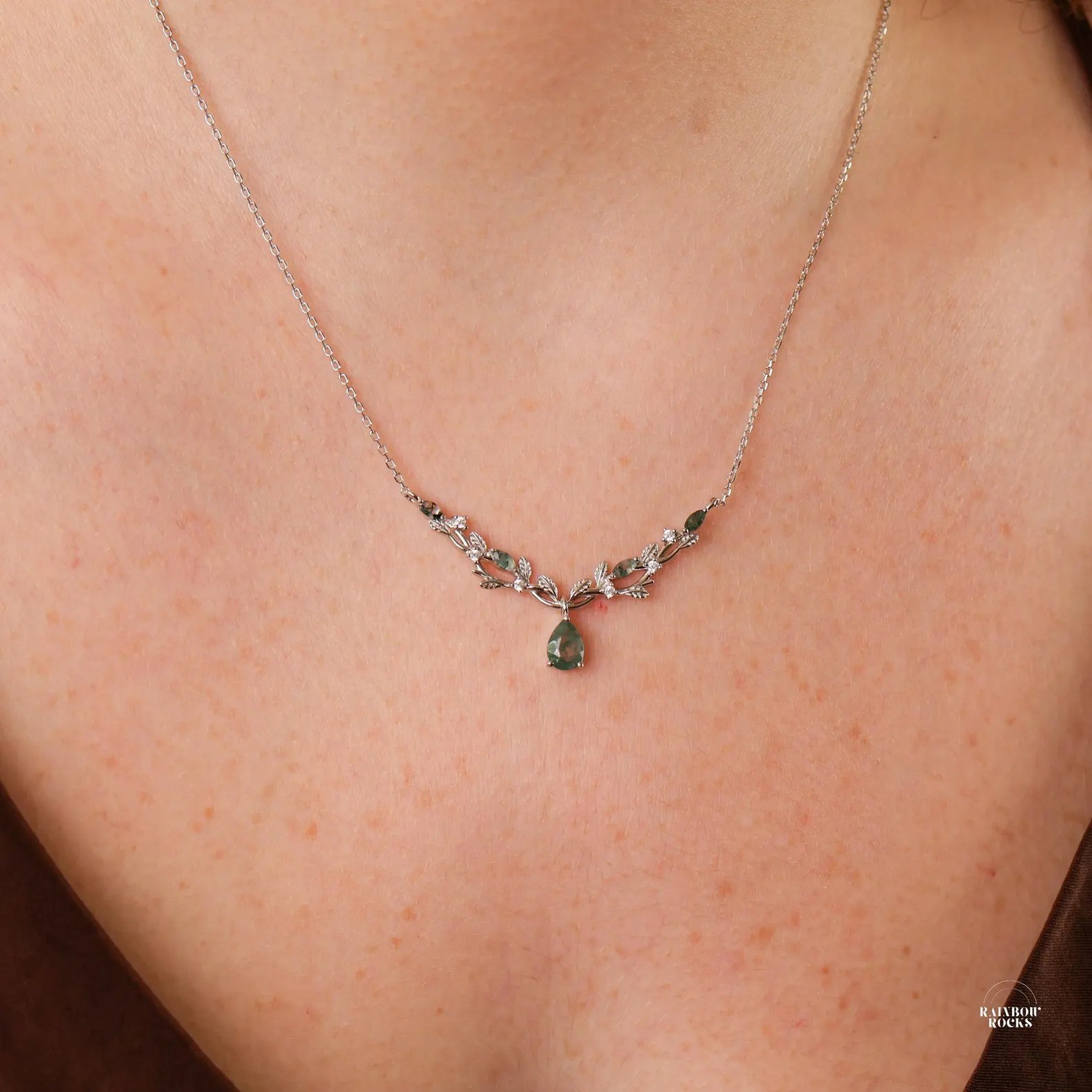 Natural Moss Agate Leaf Necklace Sterling Silver, Vintage Style Pendant for Her