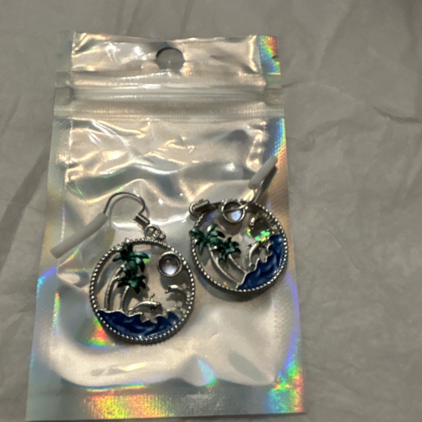 Dolphin Silver Tone Round Dangle Drop Hook Earrings
