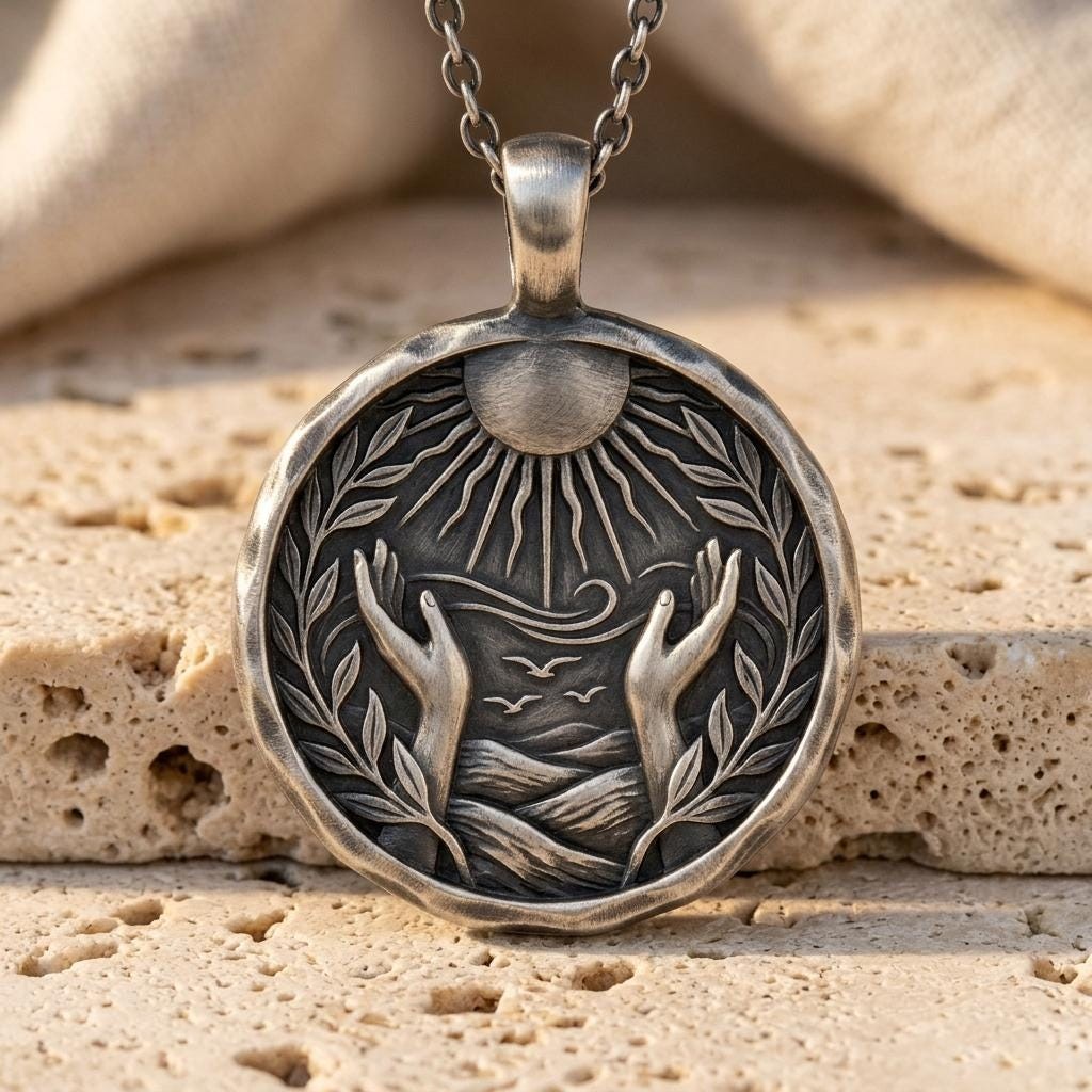 Artemis Silver Reaching Hands Sun Pendant Oxidized Bohemian Medallion Handmade