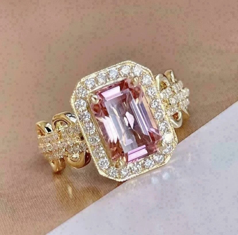 4.00Ct Emerald Cut Pink Morganite Halo Engagement Ring 14K Yellow Gold Finish
