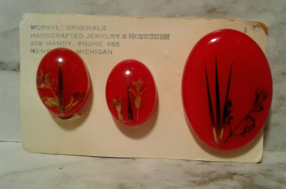 Vntg MURSYL ORIGINALS Plants in Clear Lucite Acrylic Brooch Pin & Earring Set