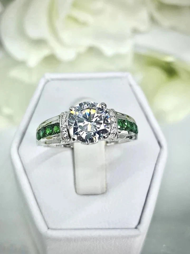 Art Deco Style Lab Created Diamond Emerald Engagement 14K White Gold Finish Ring