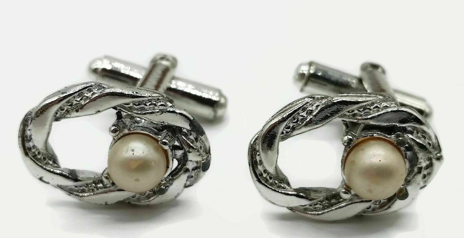 Sliver Toned 3/4″ Cufflinks Cuff Links w/ Faux Pearl Male Female Unisex
