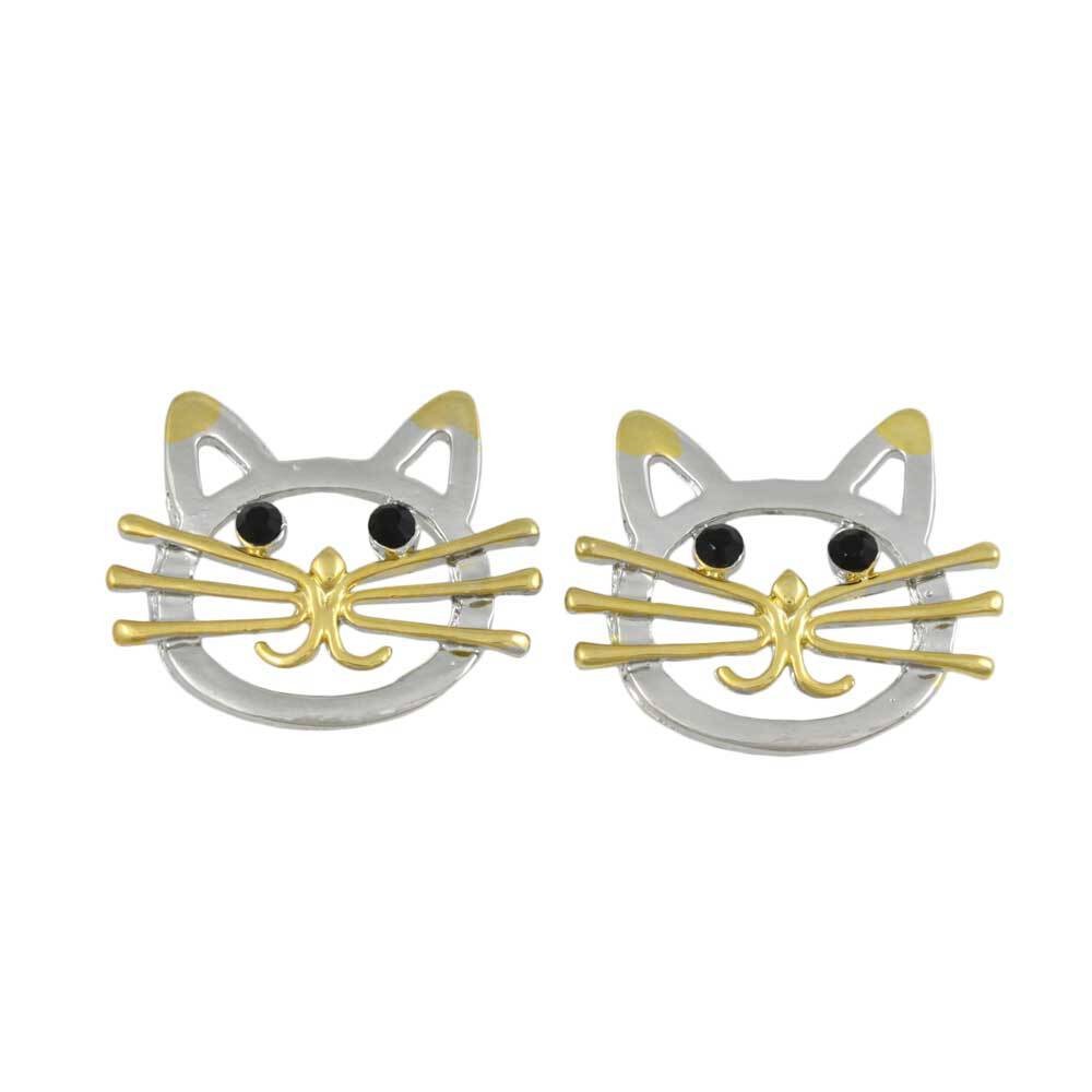 Silver and Gold Cat Head with Black Eyes Pierced Earring – PRC421E