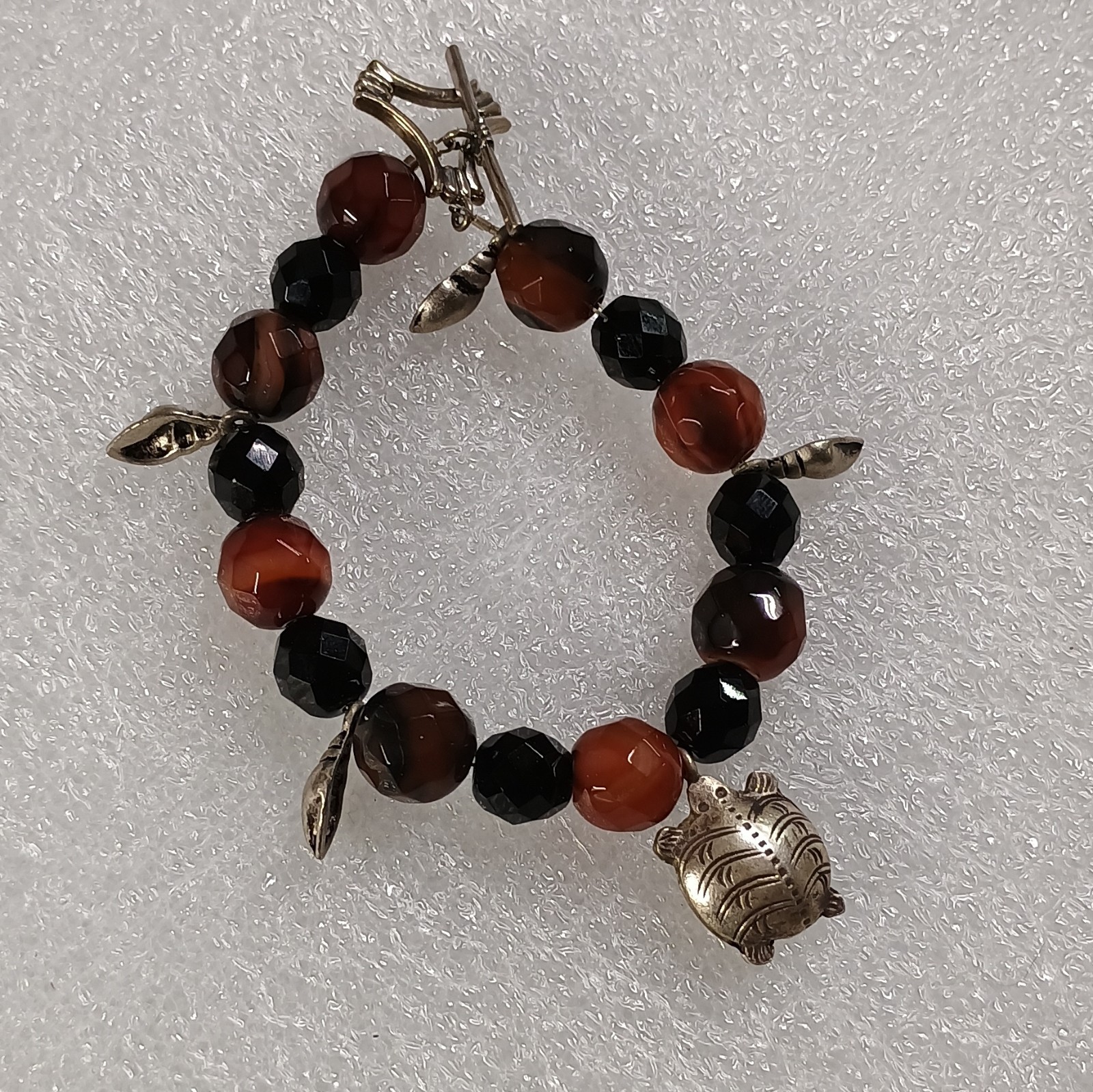 Multi-Strand Layered Black Red Beaded Necklace w/ Round Agate Turtle Charms .925