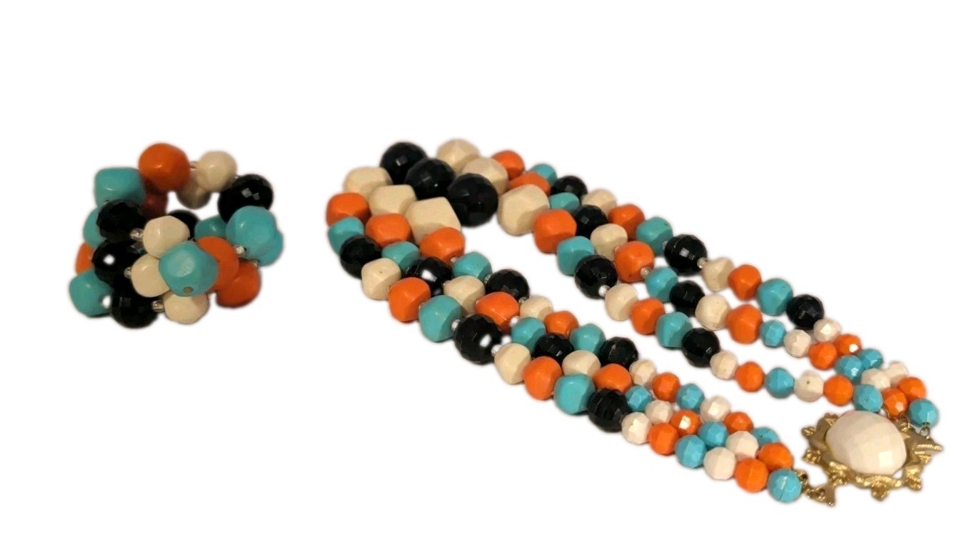 Vintage Multi-Color MCM 3 Strand Beaded Necklace & Single Strand Wrap Bracelet