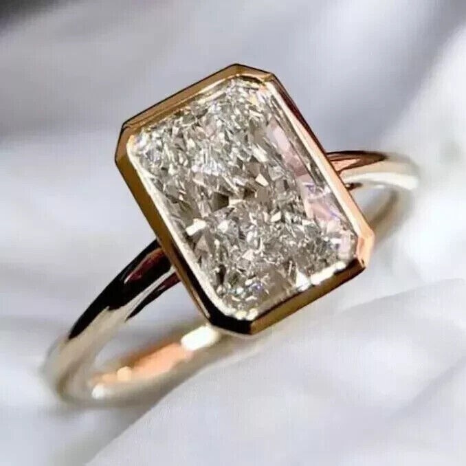 3CT Radiant-Cut Real Moissanite Bezel Engagement Ring 14K Yellow Gold Plated