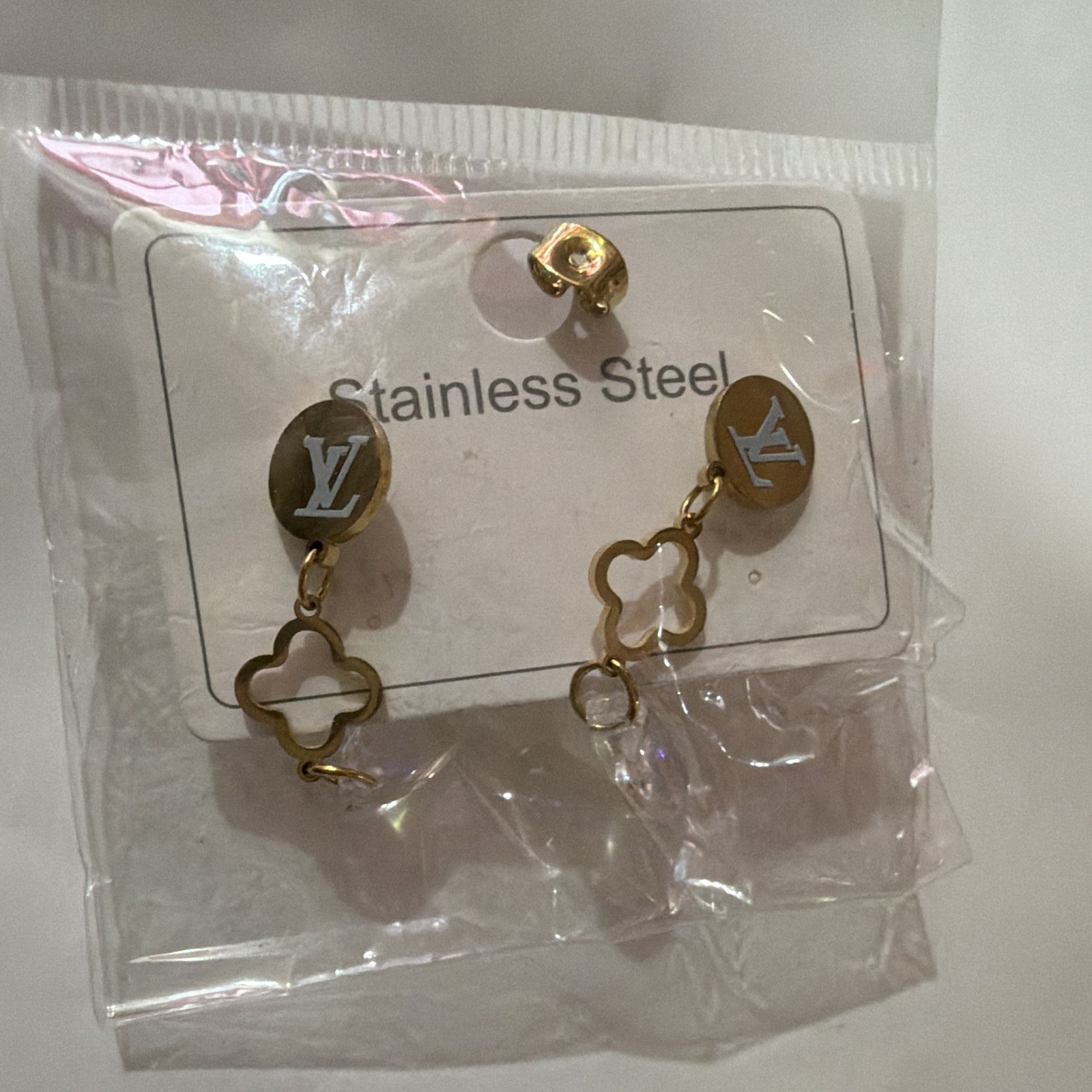 Stainless Steel Dangle/Drop Flower Earrings, Gold Tone, Butterfly Back, Lobe