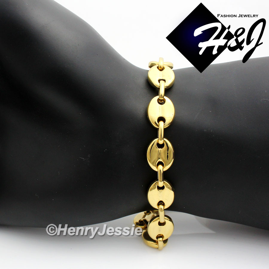 8.5″Men Women Stainless Steel 10x3mm Gold Plated Puffed Mariner Chain Bracelet