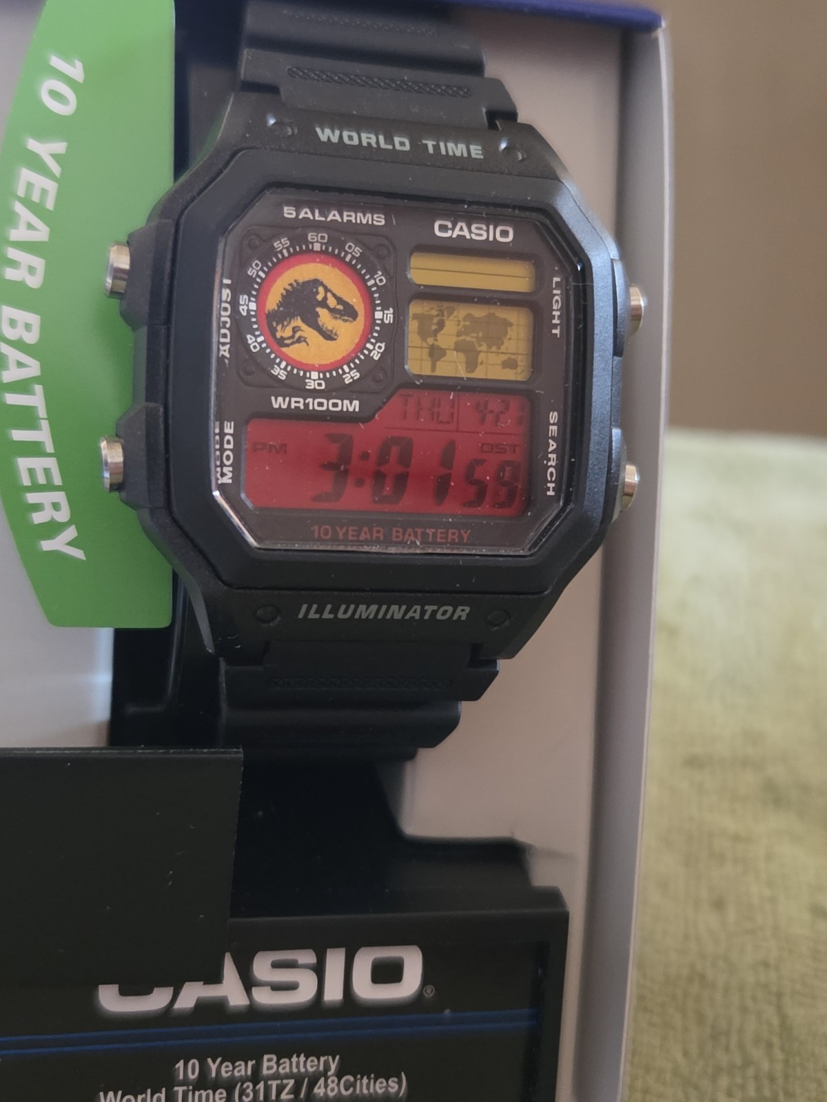 Casio World Time Jurassic Park Edition WR100M Alarm Backlight Black Resin w/Box