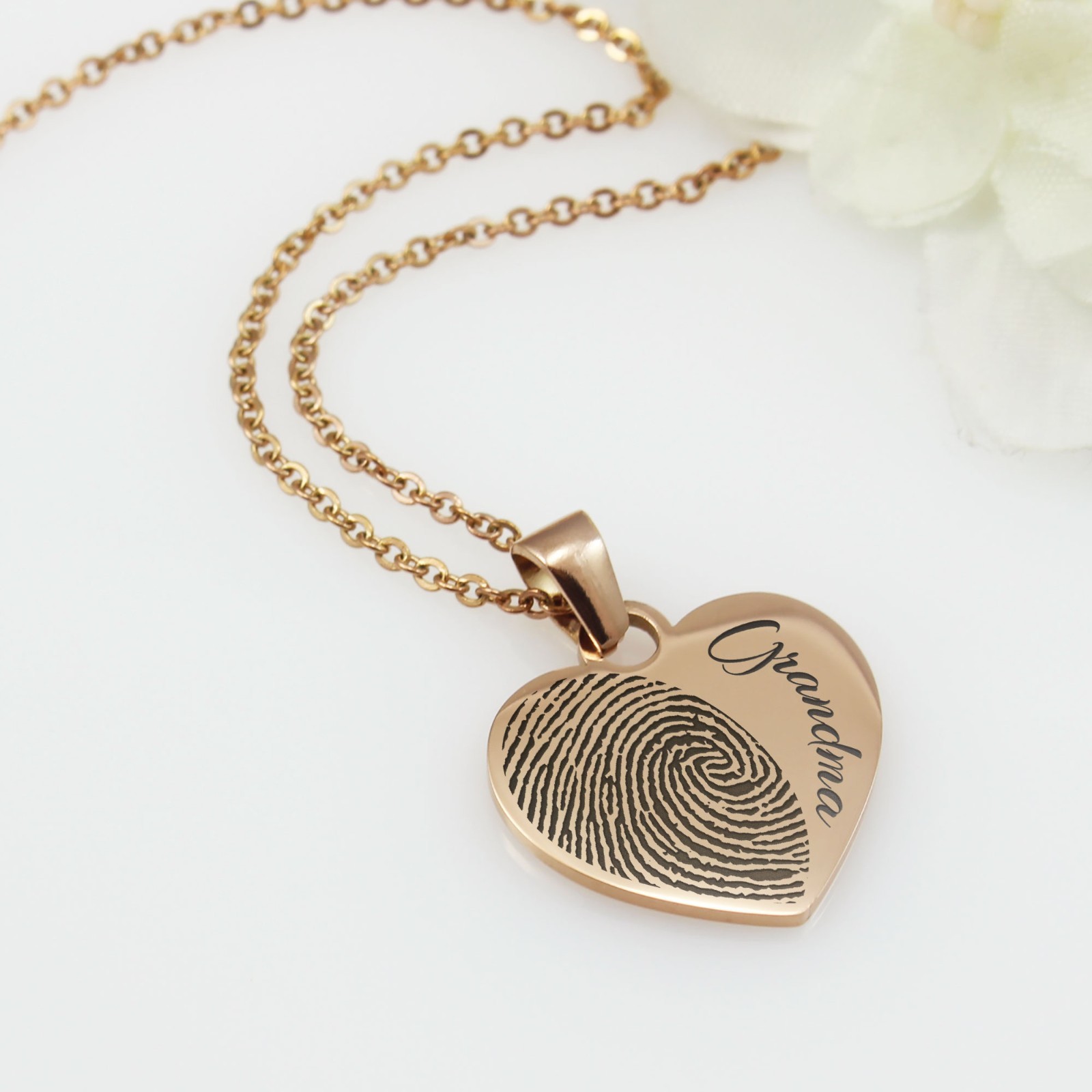 Engraved Fingerprint Heart Necklace Personalized Stainless Steel Memorial Gift