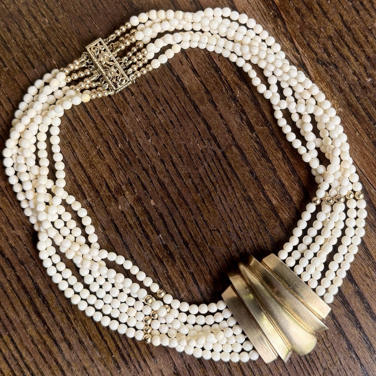 Vintage Gilt Sterling Bone Bead Multi Strand Modernist Necklace