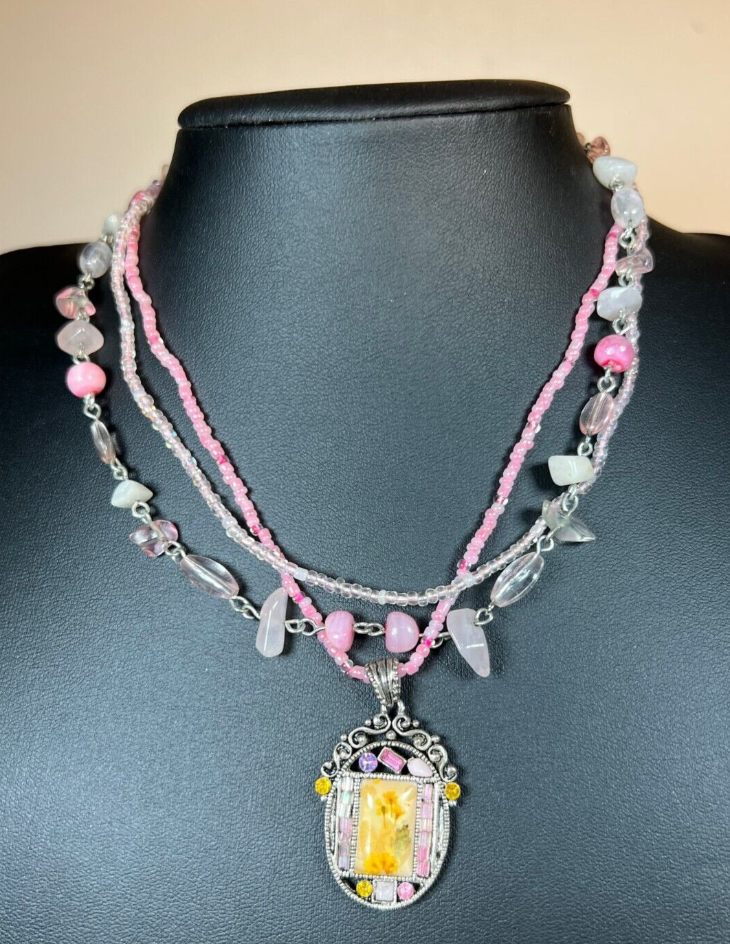 Colorful 16″ Multi Strand Necklace & Matching Pendant with Cabochon Cut Stones
