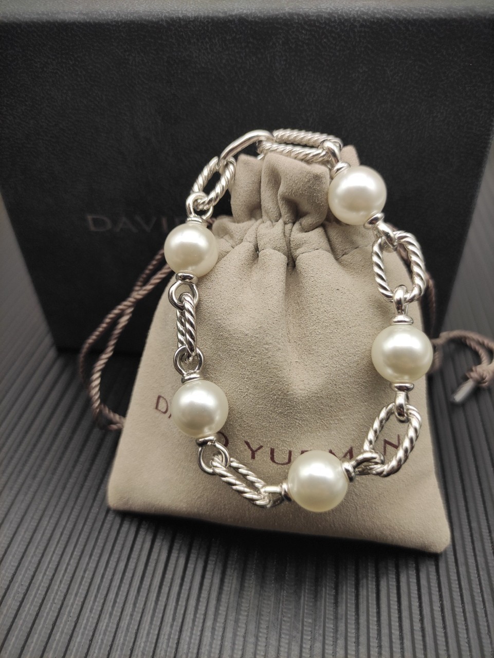 David Yurman Oval Link Cable Pearl Bracelet White Pearls 925 Silver SZ 7.-8IN