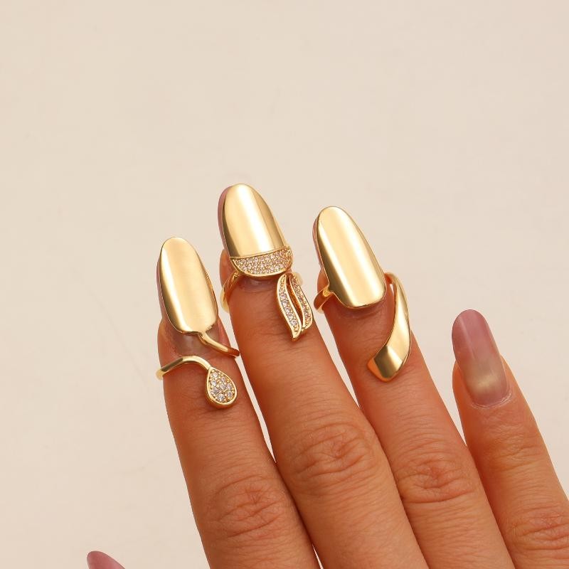 3PCS Detachable Zircon Nail Rings Gold Silver Reusable Nail Cover Finger Jewelry