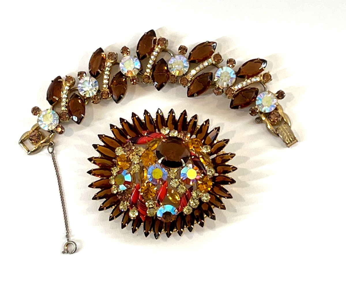 JULIANA D&E Amber Navettes, ABs, Art Glass 2-PC Set Bracelet Brooch