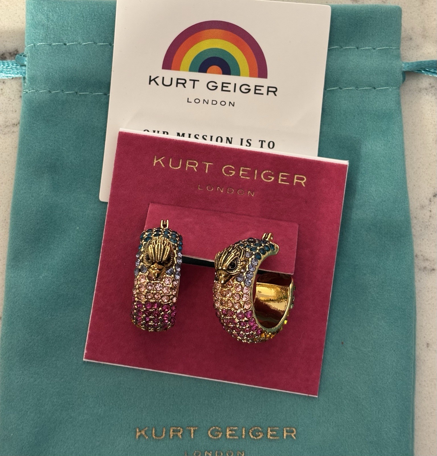 Kurt Geiger London Rainbow Crystal Eagle Hoop Earrings Gold Tone NWT