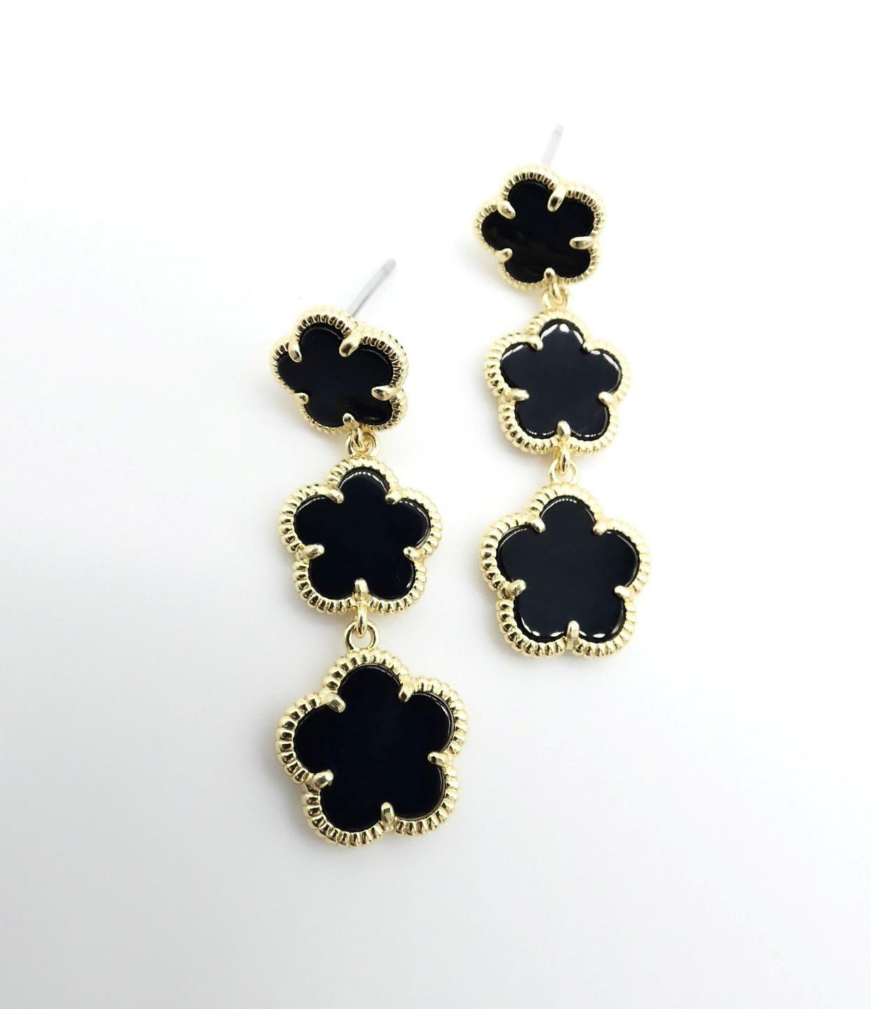 EXQUISITE Lightweight 18kt Gold Plated Triple Black Onyx 5 Petal Flower Earrings