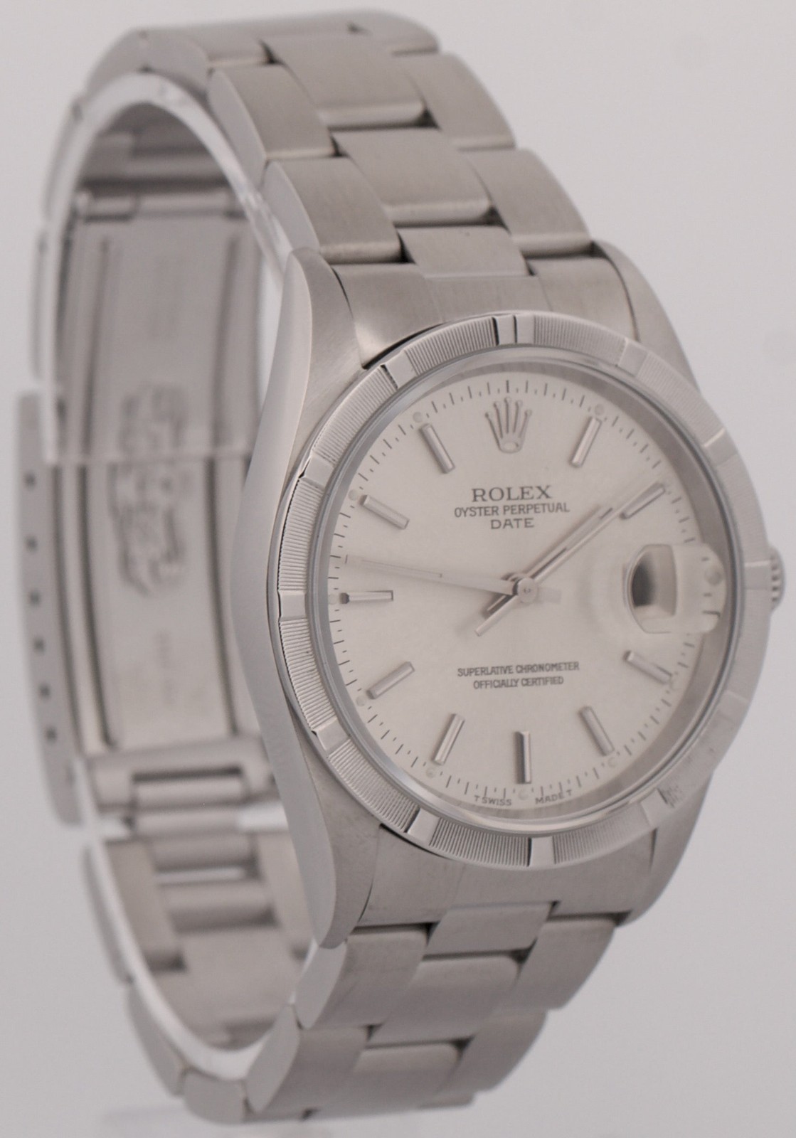 1996 Rolex Oyster Perpetual Date 34mm SILVER Steel Oyster NO-HOLES 15210 Watch