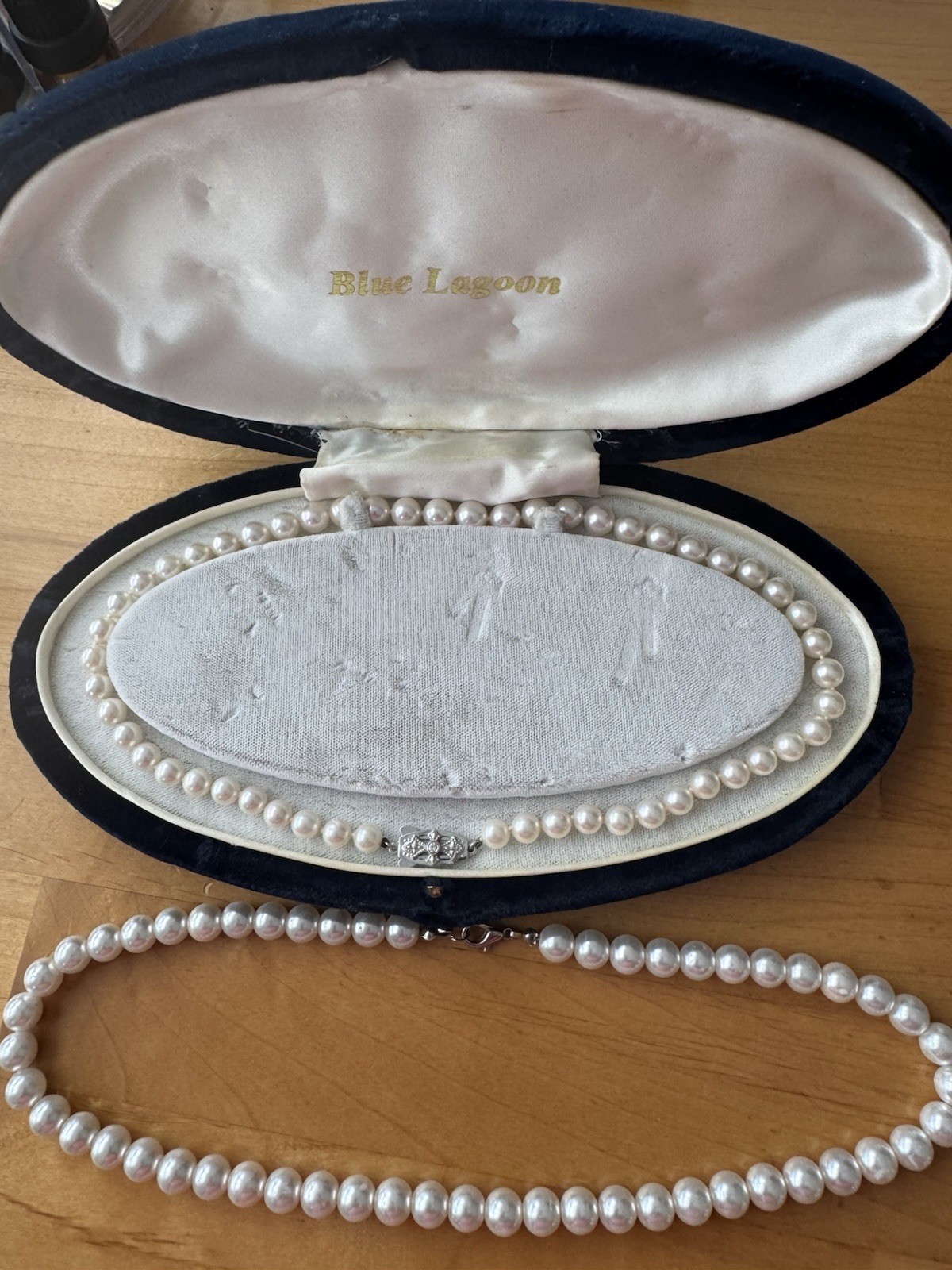 Blue Lagoon Signed White Round Pearl Beaded Necklace 16in 18k WG Box Clasp