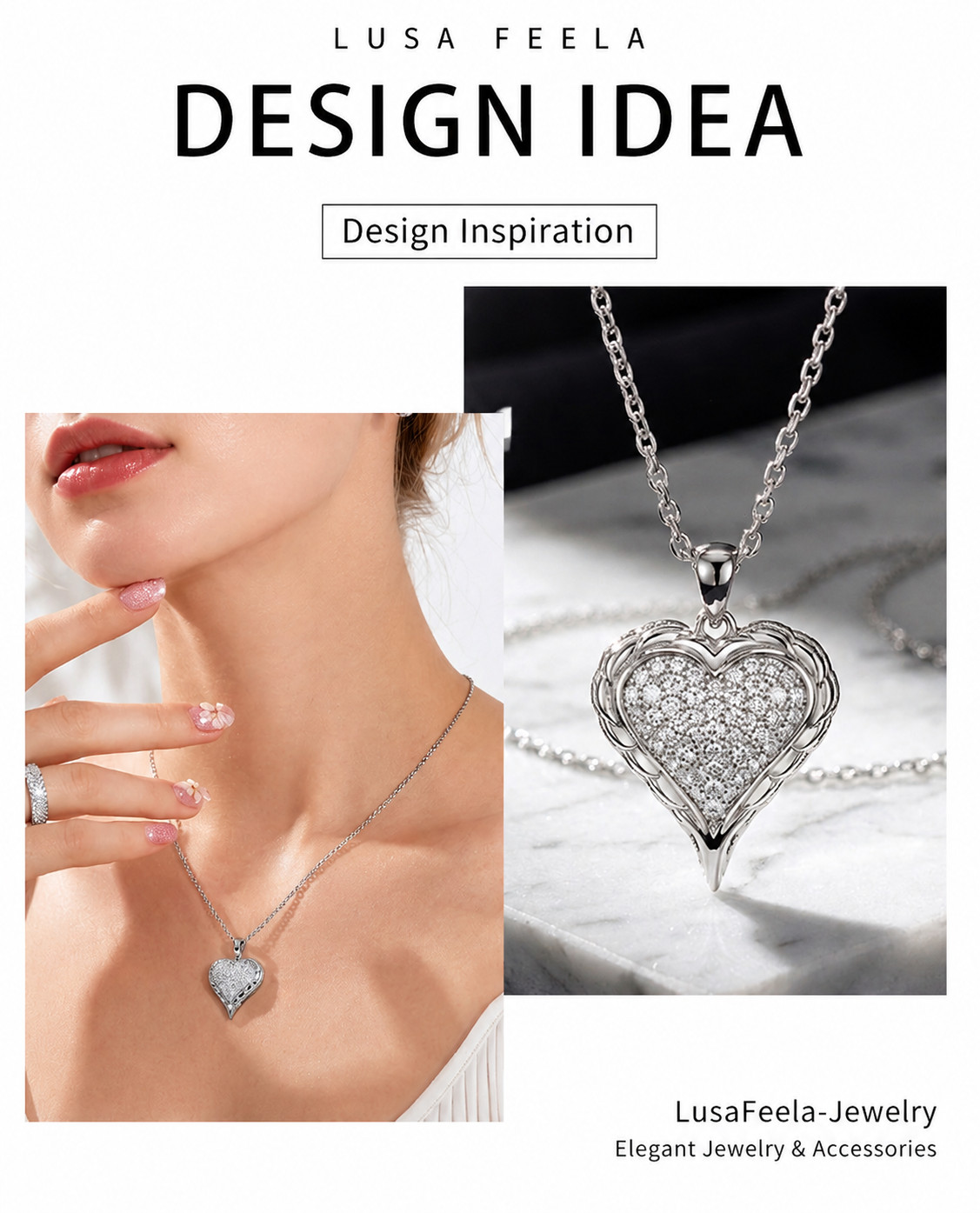 925 Sterling Silver Moissanite Double Heart Pave Pendant Necklace for Women