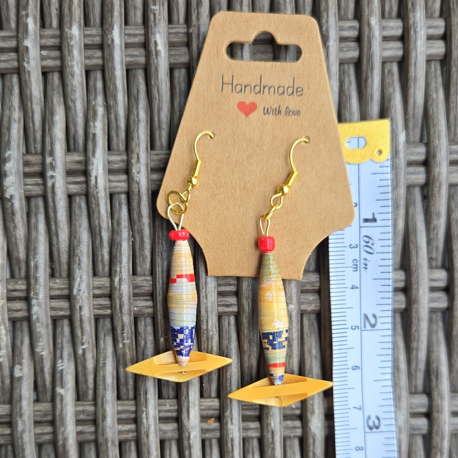Handcrafted Bohemian Asymmetrical Paper & Plastic Beaded Dangle Earrings 3 in