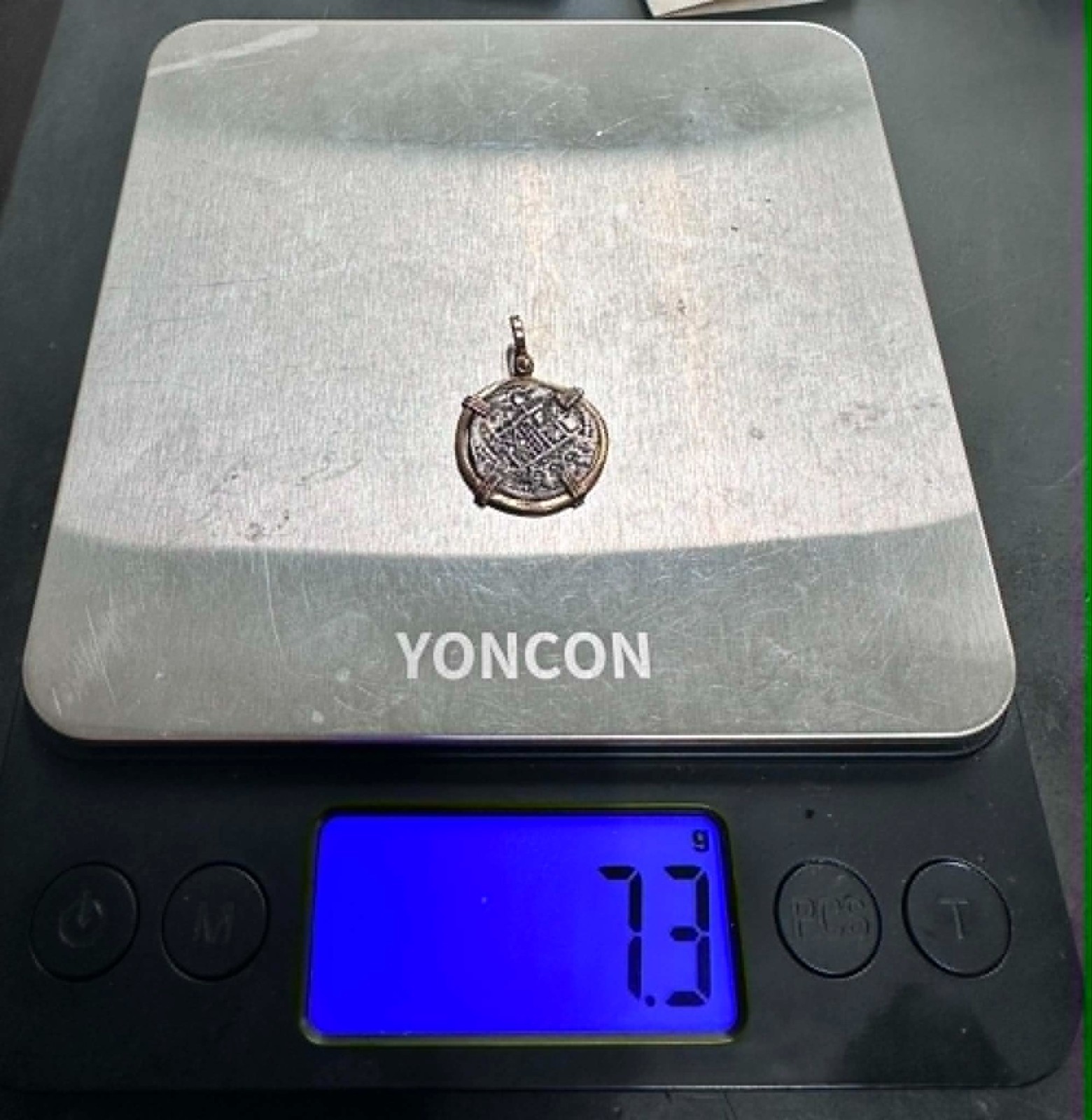 RECREATION ATOCHA SILVER COIN IN 14KT SOLID GOLD BEZEL HANDMADE PENDANT 7.3G COA
