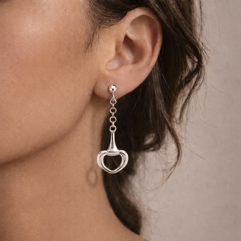 925 Sterling Silver Horse Bit Dangle Earrings | Chain Drop Studs Earrings |