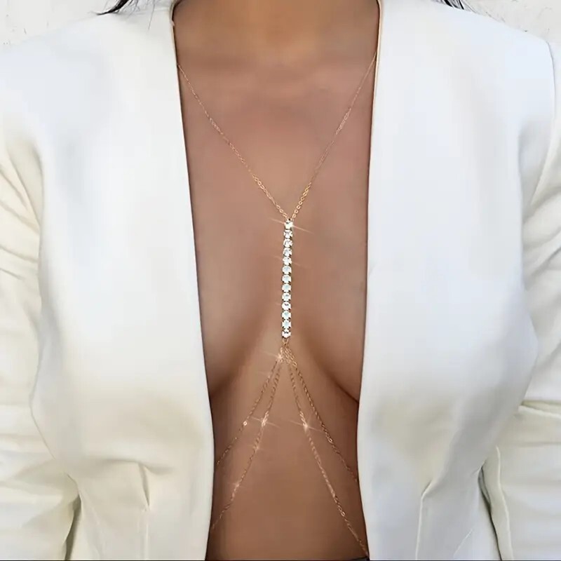 Sexy Gold Rhinestone Body Chain Necklace Crystal Bikini Jewelry for Women
