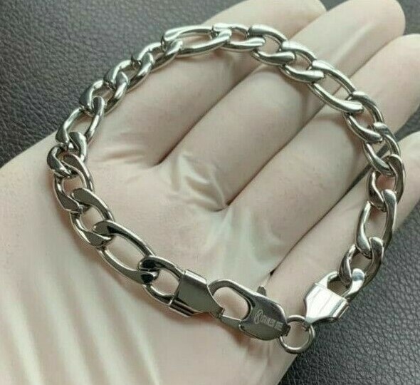 7″-11″ MEN 316L STAINLESS STEEL WIDE 8MM SILVER FIGARO LINK CHAIN BRACELET