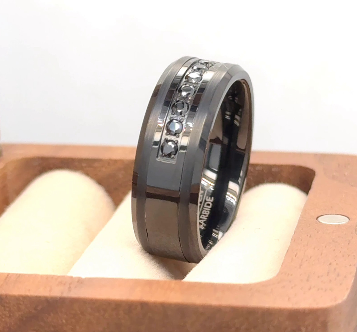 Couple Ring Gift Black Tungsten Engraved Ring Black CZ Inlay Stylish Band
