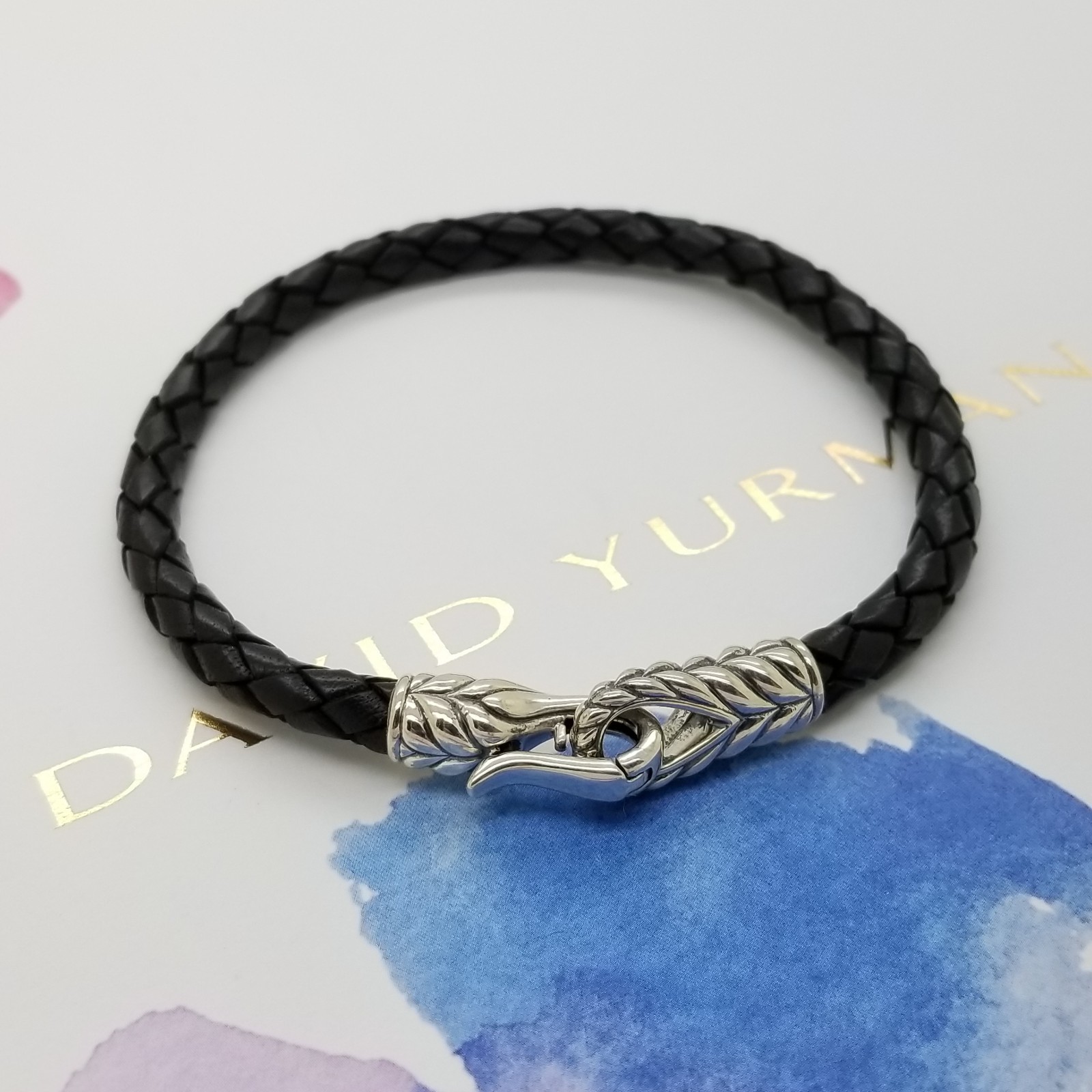 David Yurman Mens 925 Sterling Silver 8.5in Black Leather Woven Chevron Bracelet