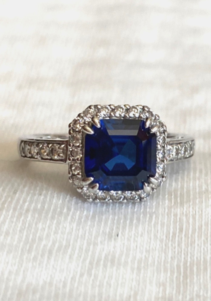 Asscher Cut Lab Created Sapphire Ring, Sterling Silver, Size 7