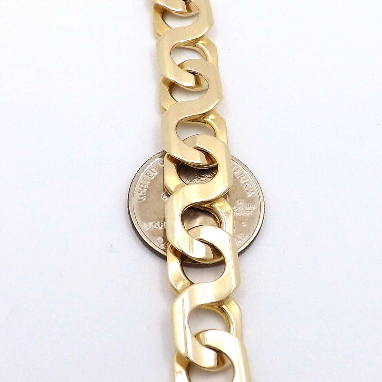Solid 14K Gold Tiger Eye Link Bracelet Mens 9in Long 7mm Heavy 52.2gr Italy New
